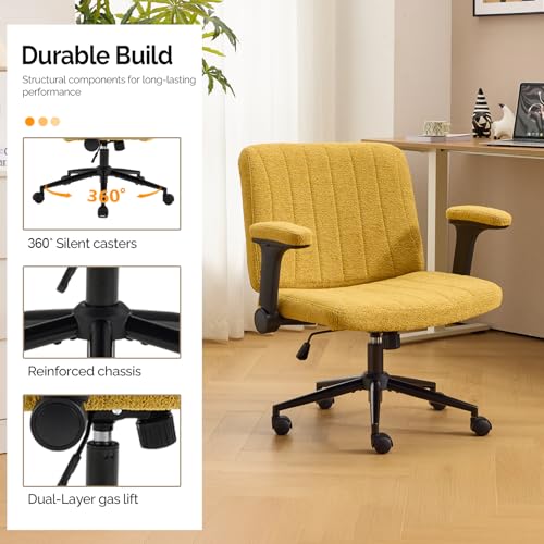 VINGLI Criss Cross Chair with Adjustable Flip-Up Arms,Cross Legged Chair with Wheels,Extra Wide Office Chair,Desk Chair for Home Office,Vanity,Bedroom, Apartment,Starry Chenille,Pale Yellow - color: Pale Yellow