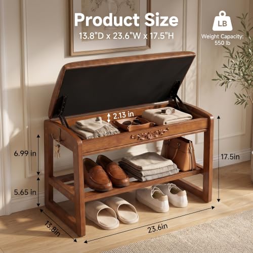 Shoe Storage Bench Shoe Rack Bench with Storage 2 Tier Wooden Shoe Rack | Solid wood shoe bench flip-top storage cushioned seat weight capacity of 550 lb side hooks walnut finish 23.6" W - size: 23.6"