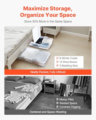 VEVOR Under Bed Storage with Wheels, 31.7 x 15.6 x 6.9 inch Underbed Containers, Underbed Shoes Organizer with Lid & Gray Latch, Rolling Under the Bed Storage Bins for Clothes Shoes Blankets, 4 Pack