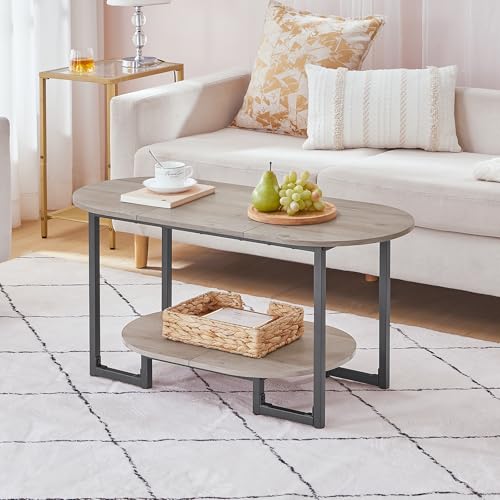 HOOBRO Coffee Table for Living Room, Oval Small Coffee Table with 2-Tier Open Storage Shelf, Industrial Cocktail Tea Table, Wooden Desktop Center Table, Farmhouse, Home Office, Greige BG09KF01 - color: Greige