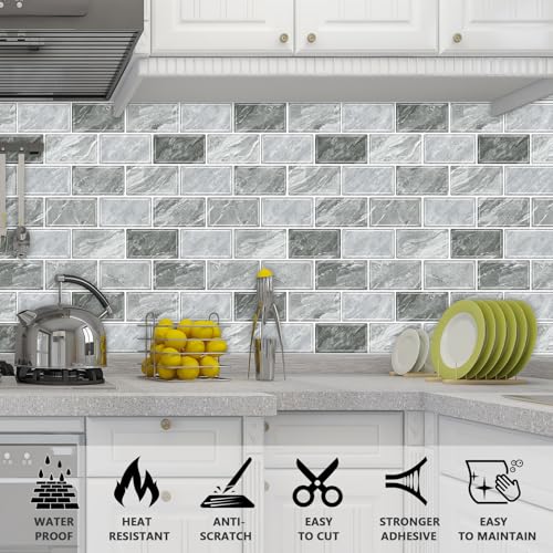 URCOLOR 10-Sheet Stick on Backsplash for Kitchen,12"x12" Peel and Stick Self Adhesive Wall Tiles Back Splashes for Bathroom Light Gray Marble Look - color: Light Gray