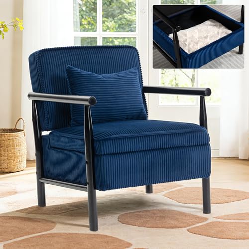 Accent Chair, Comfy Modern Lounge Reading Arm Chair with Storage | Corduroy Upholstered Lounge Arm Chair with Solid Wood Reading for Living Room/Office/Balcony/Bedroom-Blue - color: Storage-corduroy-blue