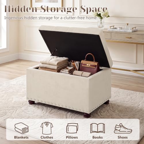 24" Ottoman with Storage,Fabric Tufted Storage Ottoman with Legs | Rectangle Upholstered Ottoman Bench Foot Stool for Living Room Bedroom Entryway,Nailhead Trim,400 lbs Capacity, Beige - color: Beige
