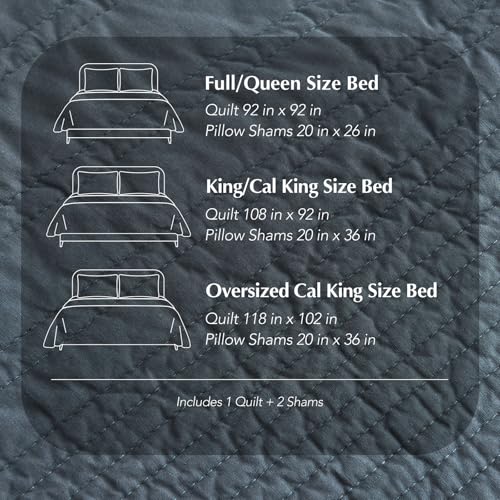 EVERGRACEHOME 100% Cotton Quilt Set Oversized Cal King, Midnight Blue | Pre-Washed Soft Cotton, Striped Coverlet Bedspread, 3 Piece Lightweight Bedding Set for All Season, with 2 Pillow Shams - color: Midnight Blue, size: Oversized Cal King (118" X 102")