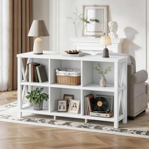 6 Cube Storage Organizer Book Shelf, 47 Inch Horizontal Bookshelf, Wood and Metal Cube Bookcase, Low Bookshelf for Living Room, Home Office (White Oak) - color: White Oak, size: Without Drawer