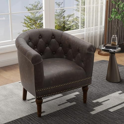 PU Leather Barrel Accent Chair, Modern Upholstered Armchair, Chocolate | Comfy Living Room Chair, Nailed Trim Barrel Arm Chair Bedroom Reading Seat | 27"D x 30"W x 30"H - color: Chocolate