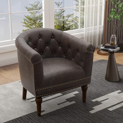 PU Leather Barrel Accent Chair, Modern Upholstered Armchair, Chocolate | Comfy Living Room Chair, Nailed Trim Barrel Arm Chair Bedroom Reading Seat | 27"D x 30"W x 30"H - color: Chocolate
