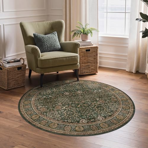 4ft Round Area Rug 4x4, Washable Non Slip, Dark Green Brown | Vintage Floral, Spill Resistant, Lightweight Low Pile Non-Shedding Carpet for Bedroom, Nursery and Kitchen - color: Dark Green Brown, size: 4' (Round)