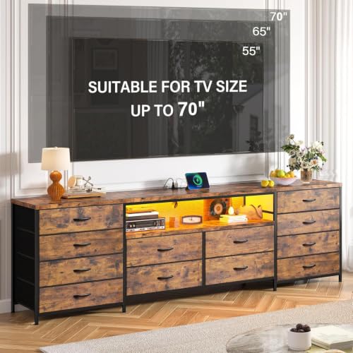 EnHomee 12 Drawers Dresser for Bedroom,TV Stand Fits 55/65/70 inch TVs | Entertainment Center with LED Lights & Power Outlets,Long Fabric Dresser with 2 Wood Shelves for Living Room,Brown Wood Grain - color: Brown Wood Grain
