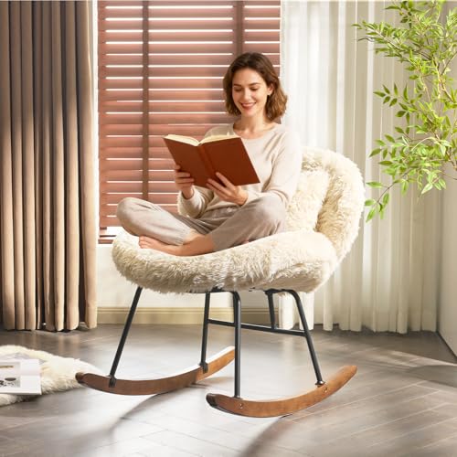 VINGLI 25.6" Extra Wide Criss Cross Nursery Rocking Chair,Cute Curved 115° Reclining Armless Glider,Plush Small Rocker w/Pillow & Solid Wood for Indoor,Bedroom, Living Room,Fluffy Fleece,Sandy Beige - color: Fluffy-sandy Beige