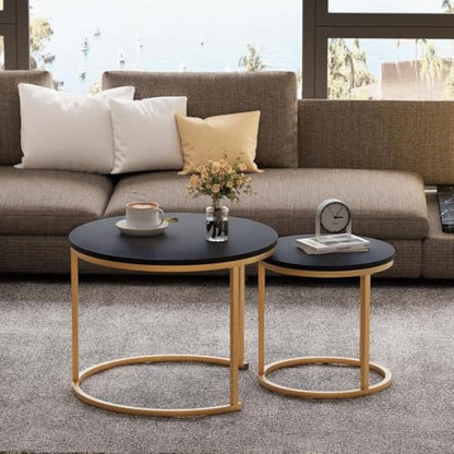 Nesting Coffee Table, 23.6" Round Coffee Table Set of 2, Wooden Nesting Table Set with Metal Frame, Side Tables for Living Room Bedroom Balcony, Black - color: Black