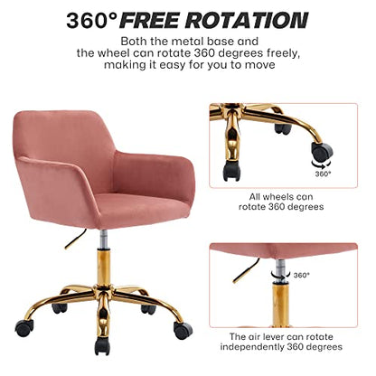 Velvet Makeup Vanity Chair,Home Office Desk Chair with Wheels, Rose | Fluffy Swivel Modern Armchair Upholstered Fuzzy Height Adjustable for Teens Women Girls Elegant for Living Room Bedroom - color: Rose