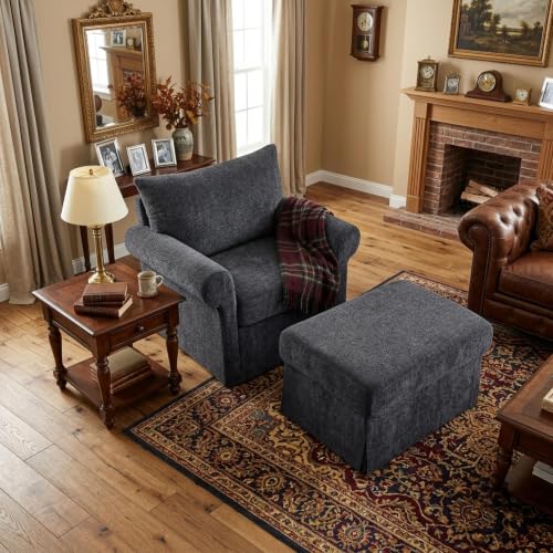 Eafurn Modern Chenille Accent Chair with Ottoman for Small Space, Comfy Upholstered Reading Chairs Lounge Armchair with Foot Rest, Sturdy Solid Wood Frame for Living Room - color: Gray 37.5"
