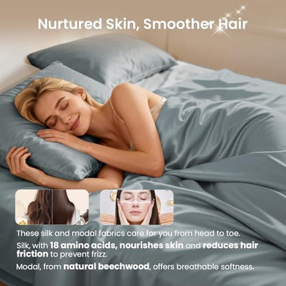 THXSILK Luxury Queen Silk Duvet Cover Set 3 Pieces, Extra Soft, Breathable & Cooling Bedding Set, Machine Washable & Durable, 1 Duvet Cover & 2 Pillowcases with Zipper Closure(Stone Blue) - color: Stone Blue, size: Queen (3 pcs)