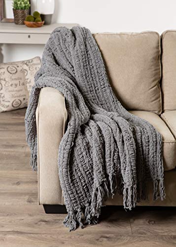 J & M Home Fashions Chenille Luxury Thick Woven Throw with Fringe, Gray - color: Gray