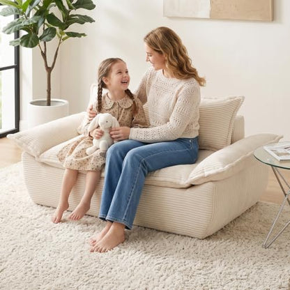 Boneless Loveseat 56", 2-Seater Beige Boneless Sofa with Removable Cushions & 2 Pillows, Small Boneless Couch Compress Foam Sofa for Living Room, Apartments, & Office - color: Beige, size: Loveseat（56")