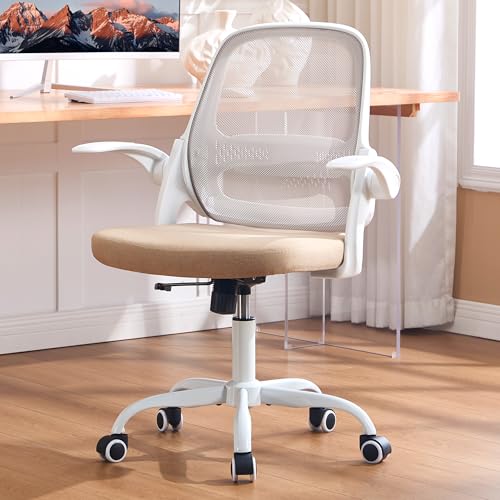 amseatec Ergonomic Mesh Desk Chair with Flip-Up Arms, Supports 300 lbs | Aerospace-grade frame, Mesh & 3" foam seat. 90-110° rocking, height adjustable, 360° swivel. - color: Beige