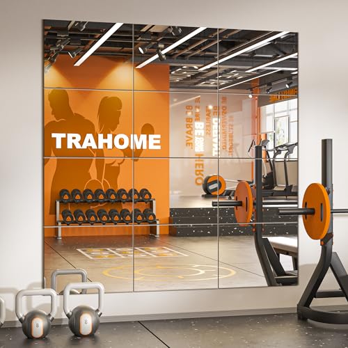 Wall Mirror Tiles, 16"x12"x12PCS Full Length Home Gym Mirror | HD Tempered Glass, Frameless Workout Mirror for Garage, Bedroom, Living Room, Over The Door - size: 16"x12"x12PCS