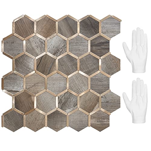 STICKGOO Hexagon Peel and Stick Backsplash Tile, Stick on Backsplash for Kitchen and Bathroom, Wood Texture PVC Mixed Metal Gold Self Adhesive Wall Tiles(10 Sheets, Seamless) - color: Wood Texture with Metal Gold