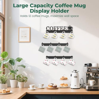 EsLuker.ly Mug Holder Rack Coffee Cup Hanger Wall Mount, 3 Pack Black | Metal Wall Cup Shelf Organizer Stand with 12 Hooks, Fits Most Mugs Display for Home Kitchen, Space-Saving Coffee Bar Enhancer - style: Upgrade 12 Hooks