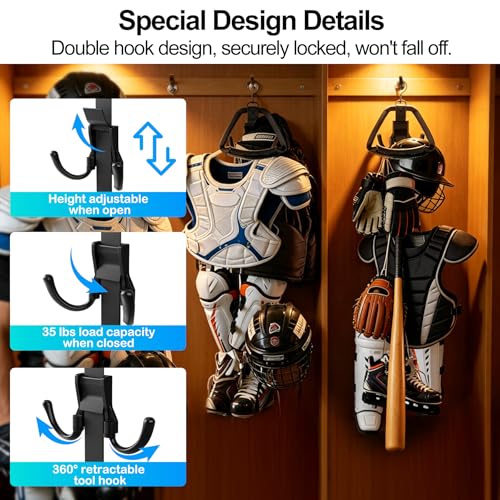 Hockey Equipment Drying Rack Rotatable Hook | 5 Adjustable Hooks, Space-Saving Wall-Mounted Equipment for Skates, Gloves, Pads, Helmet, Jersey