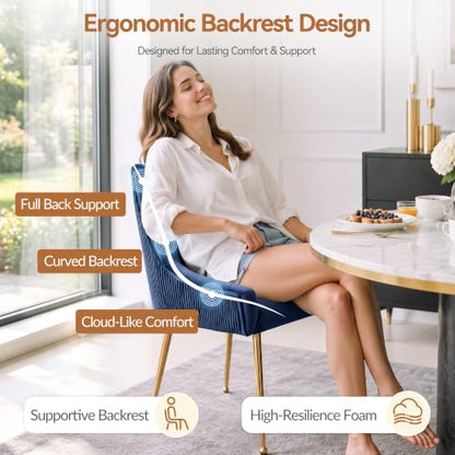 WUTUTUEE Velvet Dining Chairs Set of 2 Gold Legs,Upholstered Velvet Accent Chairs, Pleated Back Design & Gold Pull Handle, Mid Century Modern Chairs for Dining/Kitchen/Living Room,Blue - color: Blue, size: Set of 2