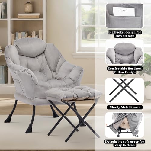 Lazy Chair with Ottoman, Comfy Reading Chair, Grey | Cushioned Seat with Foldable Ottoman and Side Pocket, Lounge Chair for Bedroom, Living Room, Dorm and Small Spaces - color: Grey