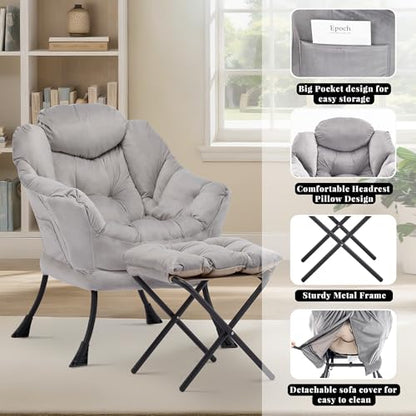 Lazy Chair with Ottoman, Comfy Reading Chair, Grey | Cushioned Seat with Foldable Ottoman and Side Pocket, Lounge Chair for Bedroom, Living Room, Dorm and Small Spaces - color: Grey