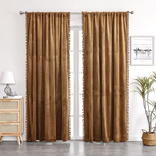 Benedeco Pom Pom Velvet Blackout Curtains 52x84, Toffee Camel, 2 Panels | Elegant Room Darkening Thermal Insulated Energy Saving Noise Reducing Boho Drapes for Bedroom, Living Room - color: A-camel, size: 52"W x 84"L (Pack of 2)