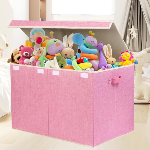 122L Large Toy Box Chest Storage with Lid, Collapsible Kids Toy Storage | Toy Chest with with Removable Divider for Kids, Boys, Girls, Nursery, Living Room, Bedroom, 26"x17" x17" (Linen Pink) - color: Extra Large Pink