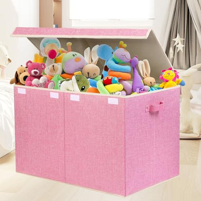 122L Large Toy Box Chest Storage with Lid, Collapsible Kids Toy Storage | Toy Chest with with Removable Divider for Kids, Boys, Girls, Nursery, Living Room, Bedroom, 26"x17" x17" (Linen Pink) - color: Extra Large Pink