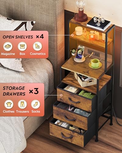 WLIVE Tall Nightstand with 3 Fabric Drawers, Night Stand with Charger Station and Open Shelves, LED Nightstand, Bed Side Table for Bedroom, Living Room, Rustic Brown - color: Rustic Brown, size: 1 Piece, style: 3 Drawers