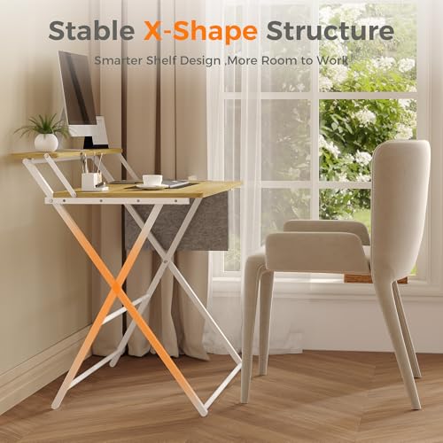 Small Desk No Assembly,31.5Inch 2-Tier Compact Computer Desk with Shelf & Side Pocket,Space Saving Foldable Table for Home Office, Bedroom or Apartment,Portable Collapsible Sturdy Laptop Desk,Oak - color: Oak