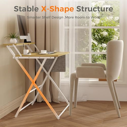 Small Desk No Assembly,31.5Inch 2-Tier Compact Computer Desk with Shelf & Side Pocket,Space Saving Foldable Table for Home Office, Bedroom or Apartment,Portable Collapsible Sturdy Laptop Desk,Oak - color: Oak