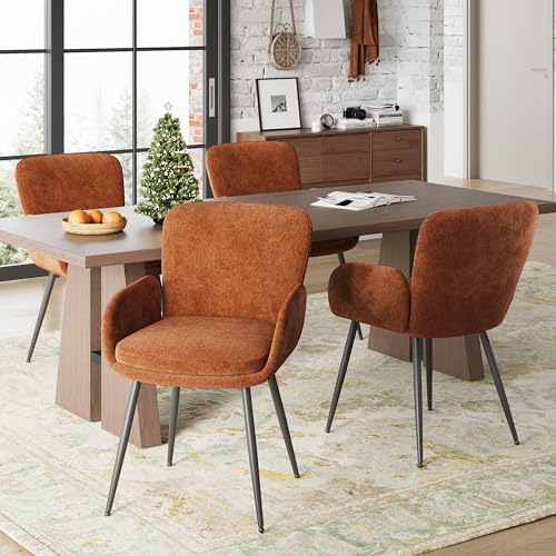 VKNOW Modern Upholstered Dining Chairs Set of 4 with Armrest, Orange | Armed Dining Room Chairs with Metal Legs, Kitchen Chairs for Restaurant Kitchen Living Room - color: Orange, size: Set of 4