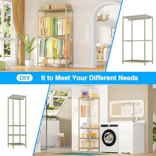 E10 Clothes Rack（With Stretchable Hanger Rod）Freestanding Clothing Racks for Hanging Clothes，Adjustable Closet Organizer System，Portable Garment Rack 73-97"W x 15" D x 72" H，Max Load 800LBS，Gold - color: Gold