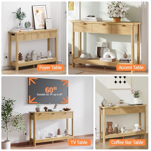 Fluted 47.2" Console Table with Outlets and USB C, Narrow Entryway Table with 3 Drawers, Boho Wood Sofa Table Behind Couch for Living Room, Natural Oak - color: Entryway Table-oak