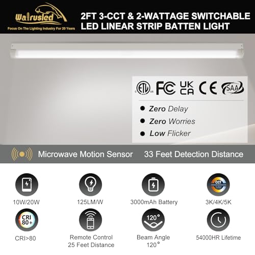 2FT Tri-Level Motion Sensor LED Linear Strip Emergency Stairwell Light w/Remote, CCT 10W/20W Selectable 125lm/W, Battery Backup, 30K/40K/50K, Dimmable 2 Foot Commercial Shop Ceiling Light Fixture, ETL