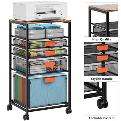 Marbrasse Rolling File Cart with 4 Storage Drawers, Mobile File Cabinet on Lockable Wheels, Hanging Filing Cabinet Organize, Under Desk Utility Cart for Home Office - Dark Brown