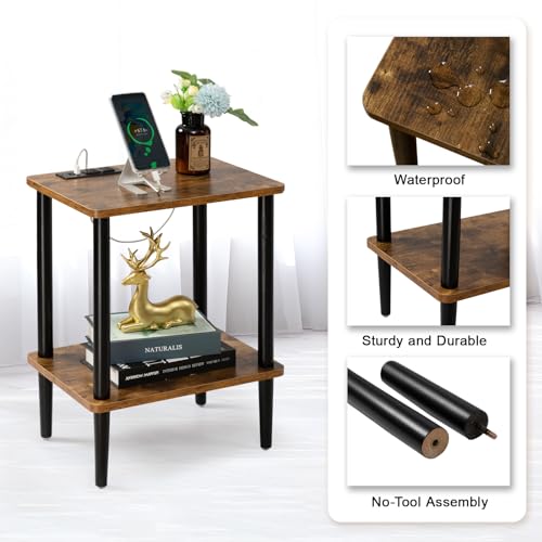 FORAOFUR End Table with Charge Station, Small End Tables Living Room, Nightstand with 2 Tier Storage Shelves for Small Spaces, Living Room, Bedroom, Sofa End Table Rustic Brown - color: Rustic Brown