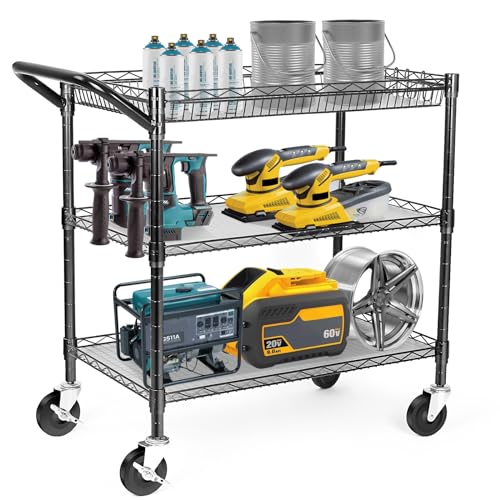 Heavy Duty 3 Tier Utility Cart,Wire Rolling Cart with Wheels, Commercial Grade Service Cart with Shelving Liners and Handle Bar Metal Carts for Kitchen Office Hardware - color: 750lbs Capacity Black