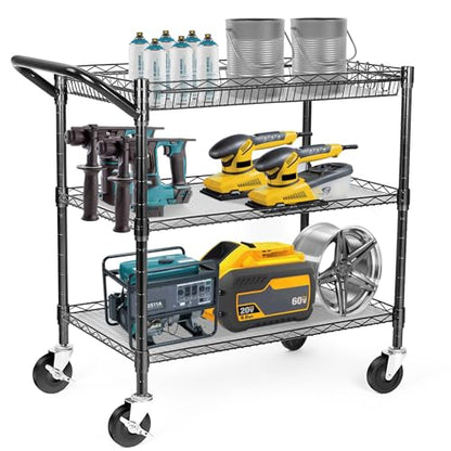 Heavy Duty 3 Tier Utility Cart,Wire Rolling Cart with Wheels, Commercial Grade Service Cart with Shelving Liners and Handle Bar Metal Carts for Kitchen Office Hardware - color: 750lbs Capacity Black
