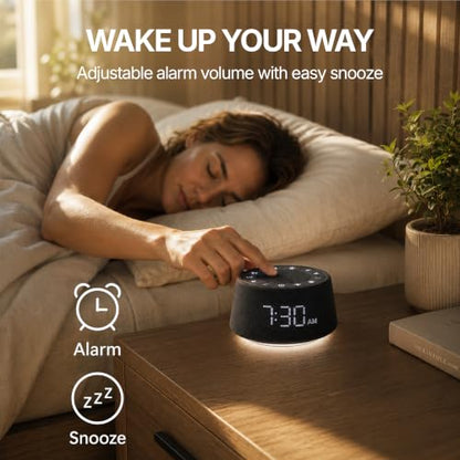White Noise Alarm Clock for Bedroom, Night Light, Bluetooth Audio | 18 soothing sounds, Bluetooth speaker, ambient light ring, adjustable alarm volume, USB charger, dimmable digital clock - color: Black