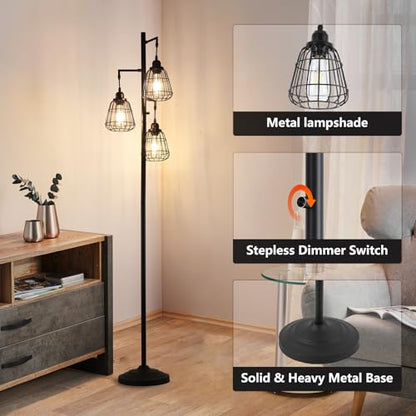 9MMML 68” Living Room Floor Lamp, Industrial Farmhouse 3 Teardrop Cage Standing Lamp,Black Tall Floor Lamp for Bedroom Office, 3 LED Edison Bulbs Included - color: Black