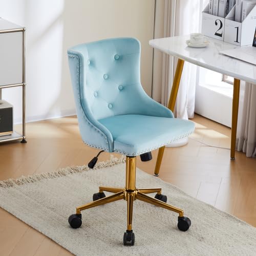 VINGLI Light Blue Armless Home Office Desk Chair with Gold Base/Wheels, Small Cute Vanity/Makeup Chair with Back for Bedroom, Upholstered Adjustable Rolling Swivel Nail Chair for Women/Girls - color: Light Blue