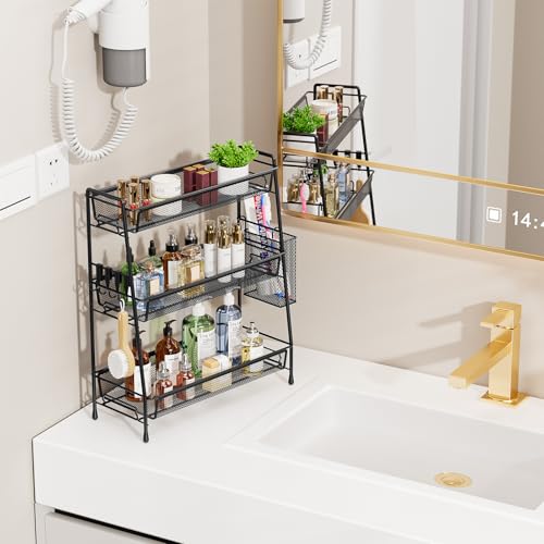 VITVITI 3 Tier Bathroom Organizer Countertop, Counter Storage Shelf, Black | Metal Wire Mesh Bathroom Counter Organizer with Basket Hooks, Vanity Tray, Kitchen Spice Rack - color: 3 Tier Large Black