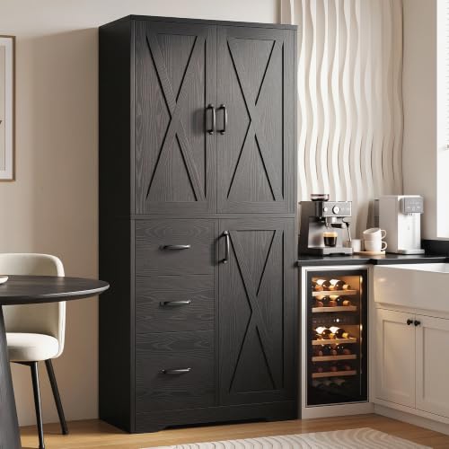 IRONCK Pantry Cabinet, Kitchen Storage Cabinet with 3 Door & Drawer, Black | Adjustable Shelf. 67.5inch Tall. 5 Tier Freestanding. 150 lbs Per Shelf. Modern Style. FSC-certified Wood. Anti-tip. - color: Black