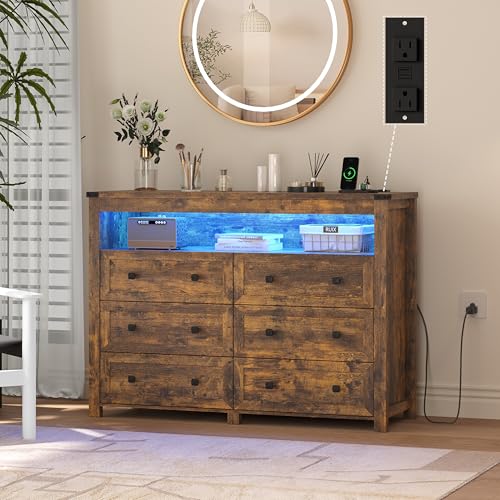 Brown Dresser 6 Drawer Dressers for Bedroom with LED Lights, Charging Station, Wood Chest of Drawers with Metal Handles, Modern TV Stand Storage Cabinet for Living Room, Hallway, Entryway - color: Brown, style: LED 6 Drawers