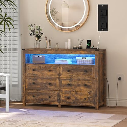 Brown Dresser 6 Drawer Dressers for Bedroom with LED Lights, Charging Station, Wood Chest of Drawers with Metal Handles, Modern TV Stand Storage Cabinet for Living Room, Hallway, Entryway - color: Brown, style: LED 6 Drawers