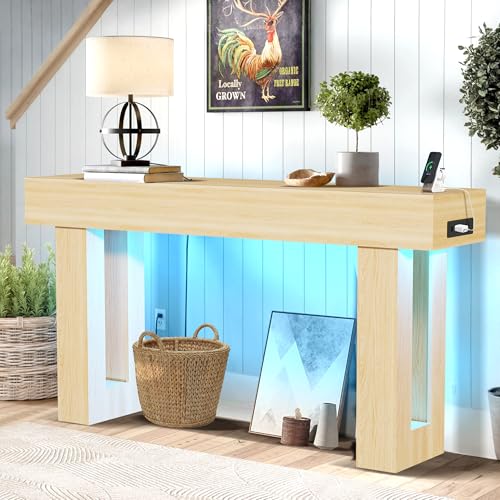 Grepatio Long Console Table with LED Light, 63 Inch Wood Entryway Table with USB Power Outlet, Narrow Sofa Behind Couch Table, Farmhouse Entry Tables for Entryway, Hallway, Living Room (LED Natural) - color: Led Natural